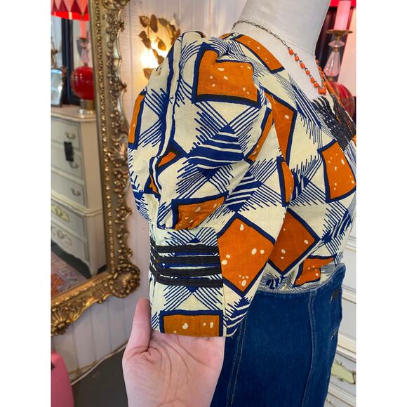 vintage block print cotton blouse huge puff sleeves African geometric top med 34 - Picture 4 of 8